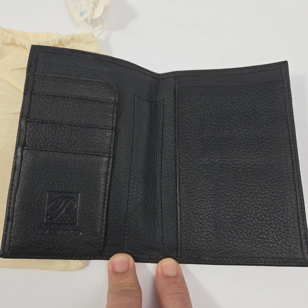 Vintage Pfaffco Vachetta Black Pebbled Leather Bifold Wallet with Dust Bag